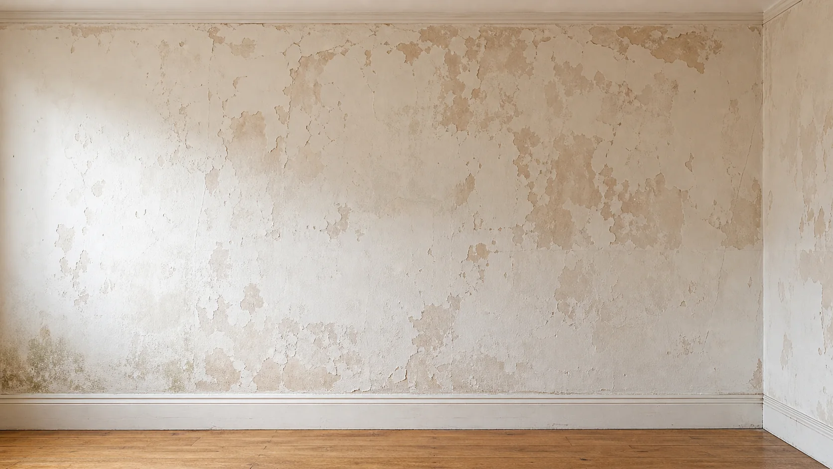 Old interior wall before decorating — peeling paint, cracks and worn plaster