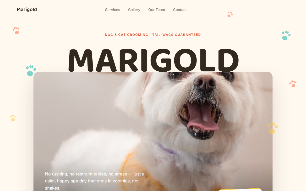 Site da Marigold Grooming Studio — visão geral